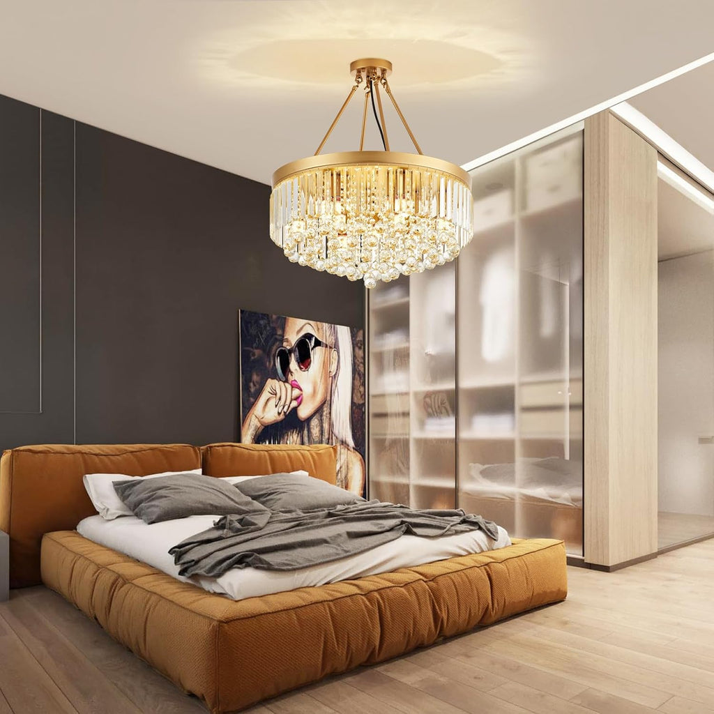 9-Light Gold Crystal Chandelier Contemporary 22'' Modern Semi Flush Mount Crystal Hanging Light Sparkling Decoration for Bedroom Entryway Living Dining Room Kitchen Island Hallway