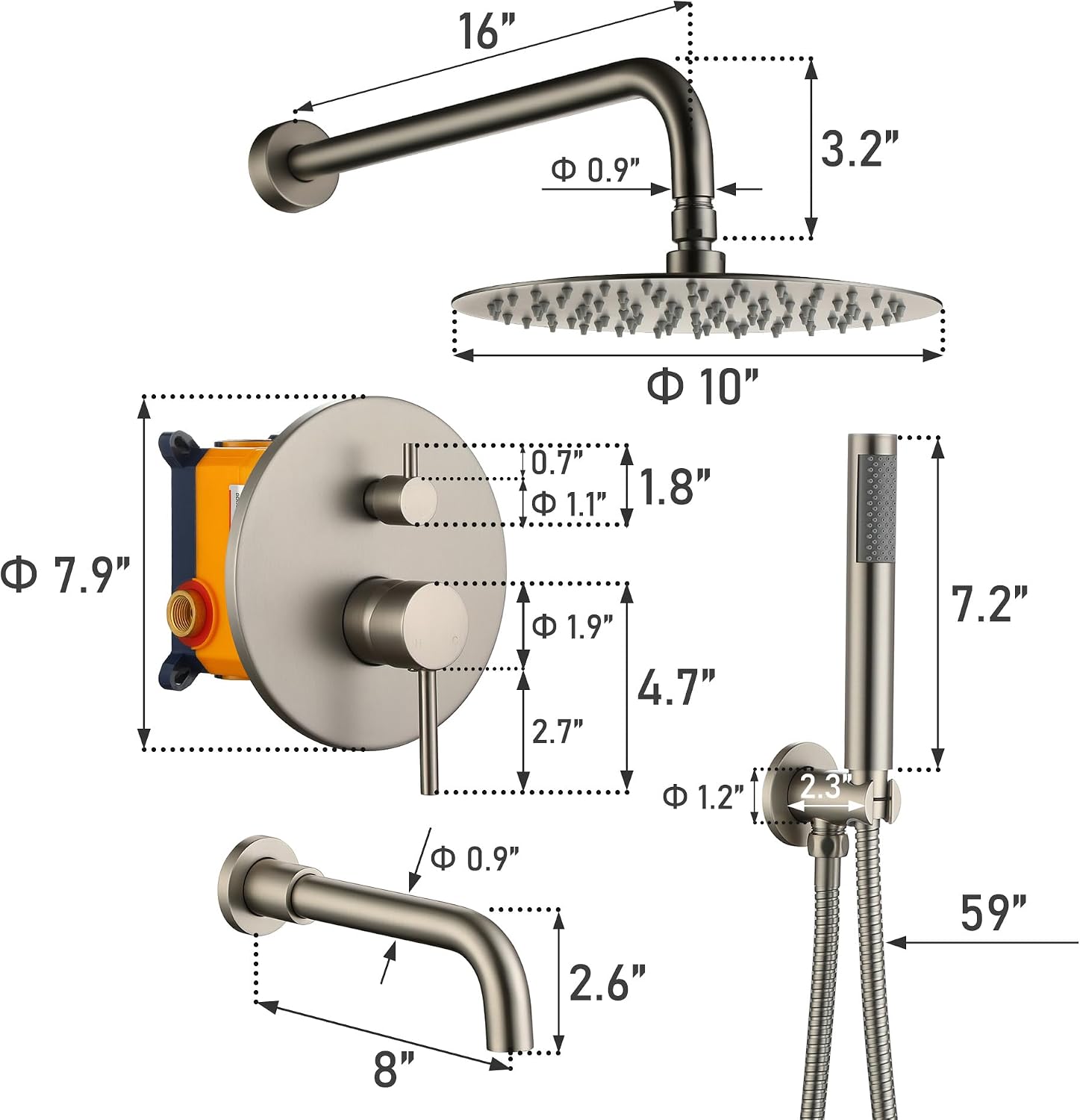 MONDAWE Round Shower Faucet Set with Tub Spout, Wall Mounted Shower System 10 Inch Rainfall Shower Head with Handheld Combo, Brushed Nickle High Pressure Shower Faucets Sets Complete