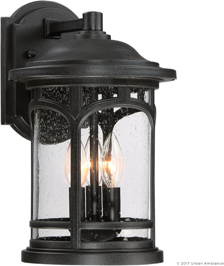 Urban Ambiance Luxury Rustic Outdoor Wall Light, Medium Size: 14.5' H x 9' W, with Colonial Style Elements, Wrought Iron Design, High-End Black Silk Finish and Seeded Glass, UQL1102