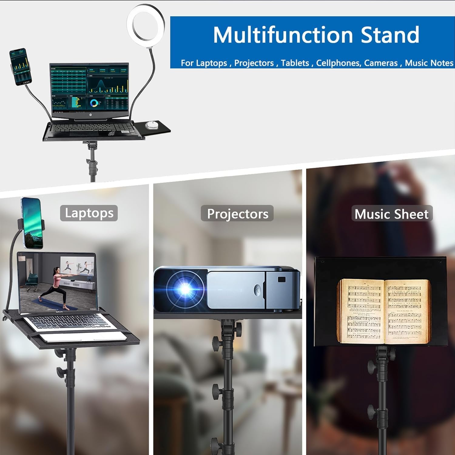 Projector Stand,Laptop Stand, Projector Tripod Stand with Wheels Adjustable Height Laptop Tripod Stand with LED Ring Light Carrying Bag 2 Shelves Mouse Tray Phone Holder Projector Music Stand Portable