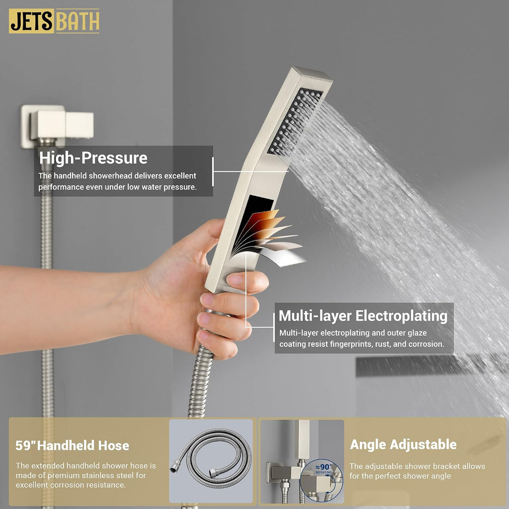 16' Thermostatic Rain Shower System with 6 Body Jets & 16-Inch Rainfall Shower Head, JetsBath Full Body Shower Faucet Sets with Valve & Handheld, Brushed Nickel Luxury Wall Mount Shower Faucet Set