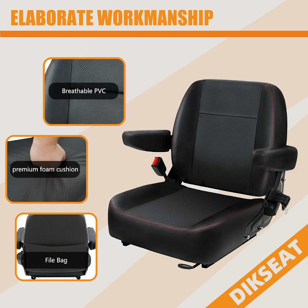 Universal Forklift Seat,Riding Lawn Mower Seat with Armrest,Tractor Seat with Micro Switch and Safety Belt,Storage Pouch on The Back for Mower Excavator Skid Loader Backhoe Dozer Telehandler
