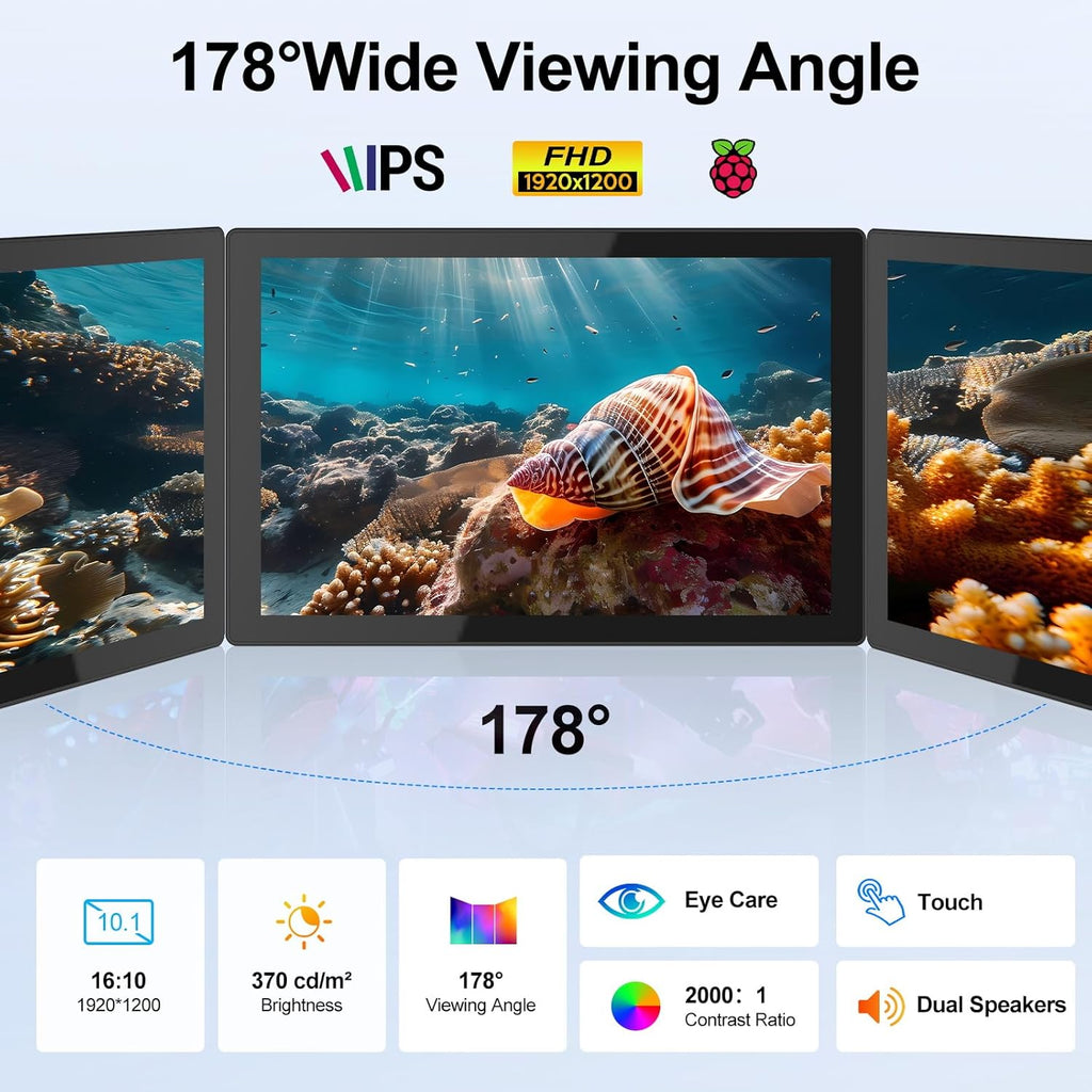 10.1 Inch Touchscreen Monitor - 1920x1200 HDMI Touch Screen Monitor, 10-Point IPS 16:10 Rpi Screen Display for Pi 5/4/3/2/Zero/B/B+ Win11/10/8/7 W/VESA,Speaker,Fan,Stand Driver-Free