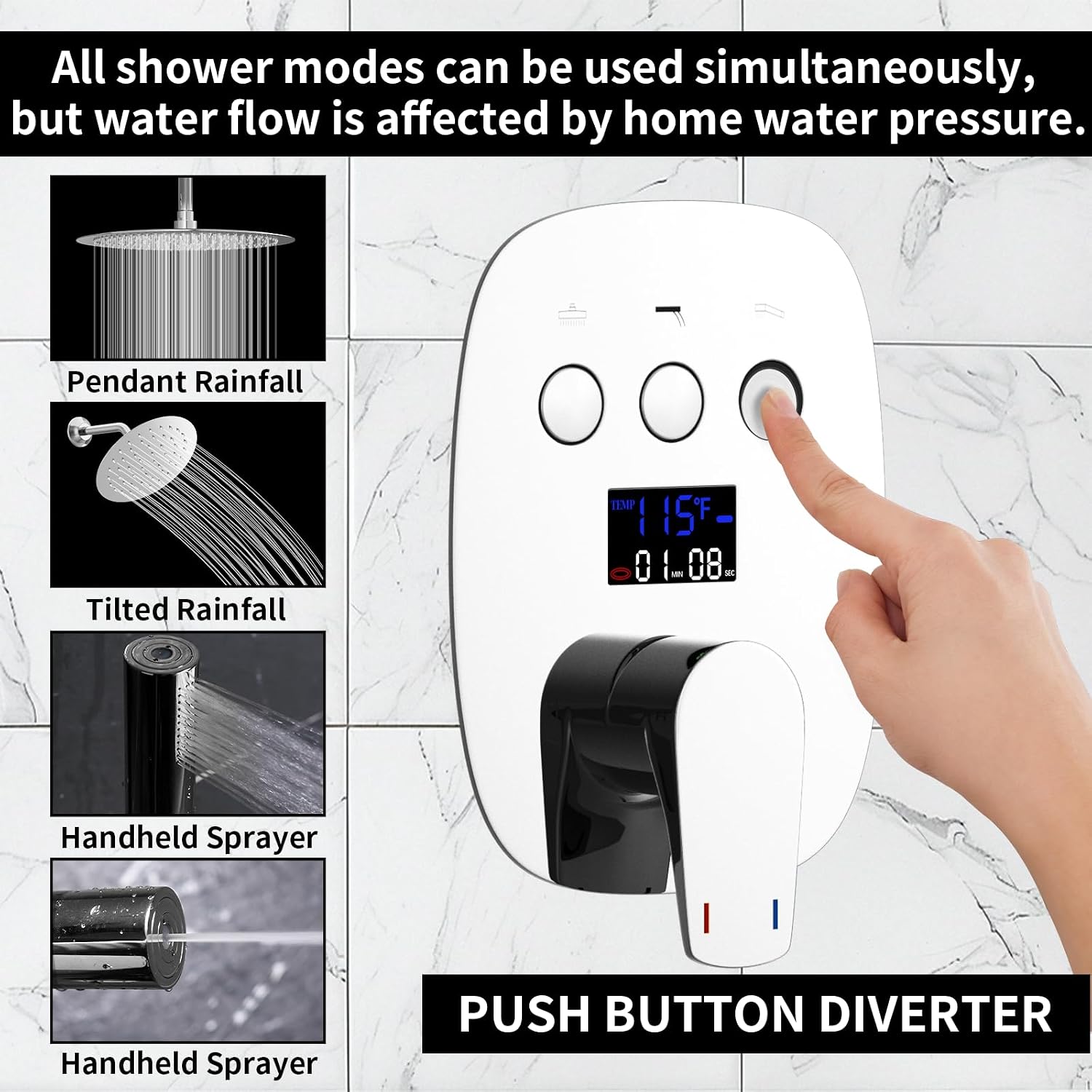 Chrome Shower Slide Bar System with 12inch Ceiling Rain Shower Head and 8inch Shower Faucet Set In Wall, Temperature Display Shower Faucet System Fixture with 2 in 1 Handheld Shower Wand
