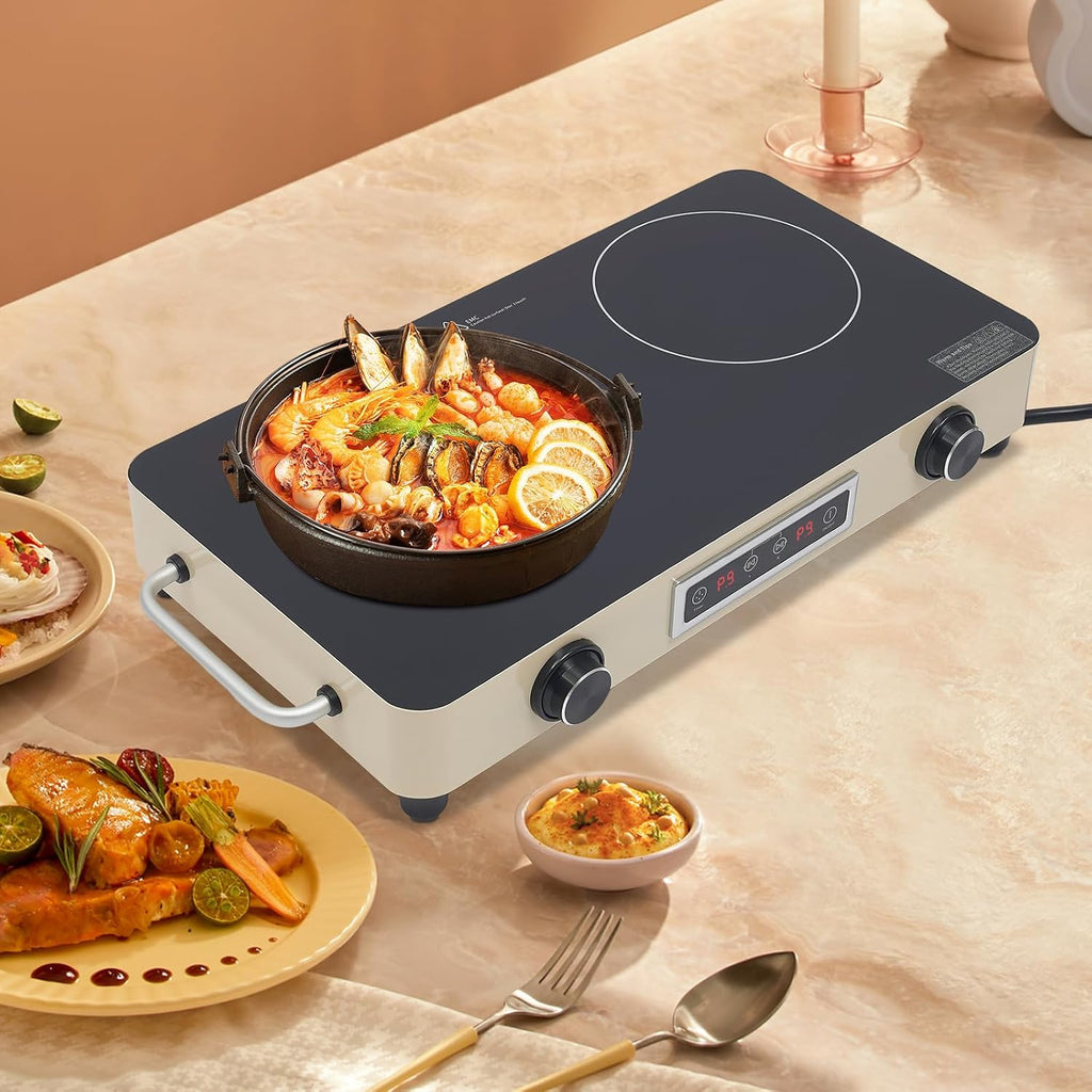 Electric Cooktop Double-burner 10'' Electric Stove Top with Knob Control Electric Countertop Burner with Kids Lock & Timer Cooktop with Plug in Over-Temperature Protection for Kitchens Rvs Apartments