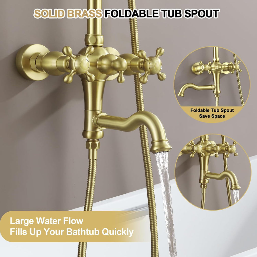Exposed Shower System Brushed Gold,Antique Brass Shower Faucet with 8 Inches Rainfall Shower Head,Vintage Outdoor Shower Fixture with Foldable Tub Spout,Outdoor Shower Kit for Backyard Poolside