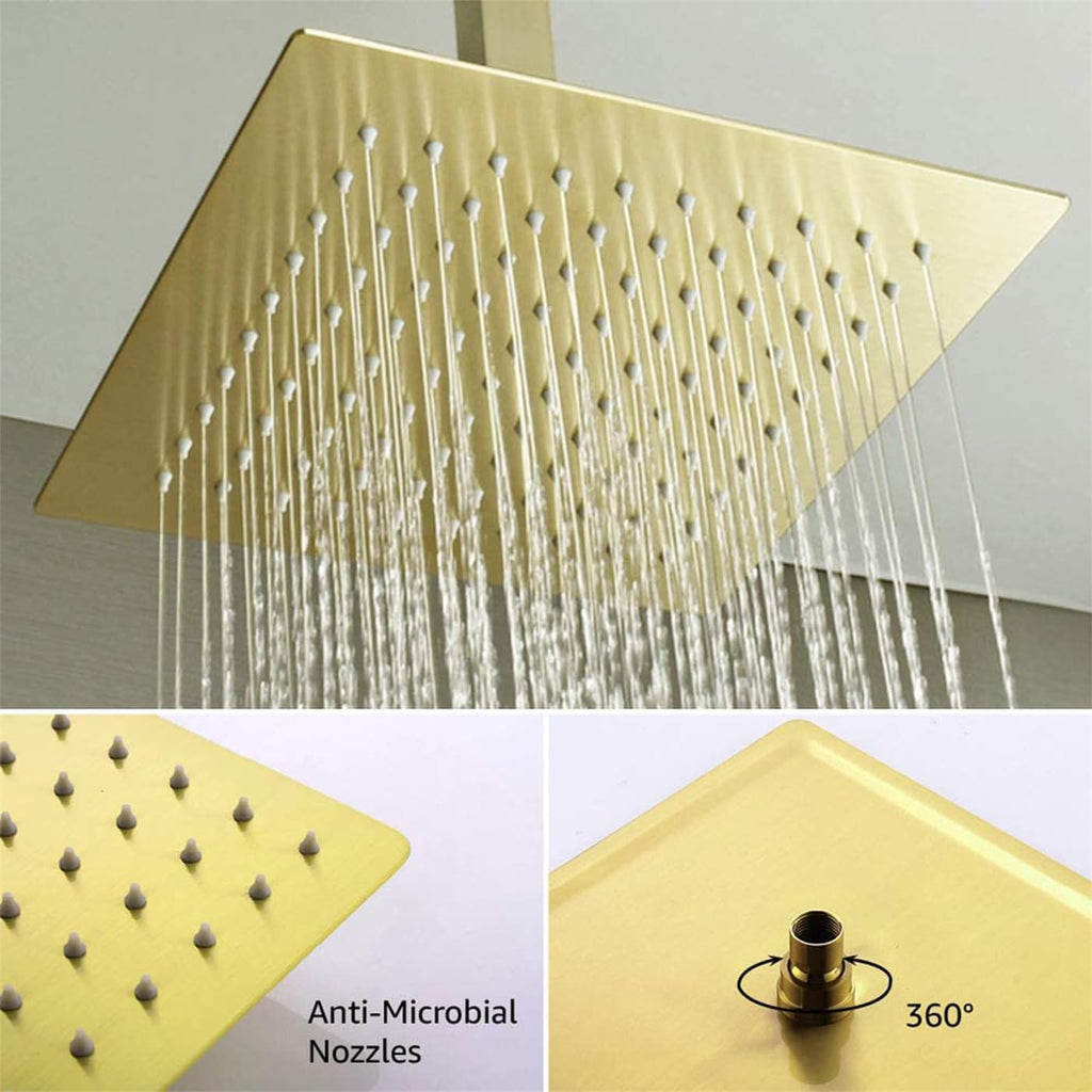 WELLFOR 12 Inch Ceiling Mount Shower System, Bathroom Luxury Rain Mixer, Shower Combo Set, Ceiling Rainfall Shower Head Faucet Trim Kits, Rough-in Valve and Trim Included (Brushed Gold)