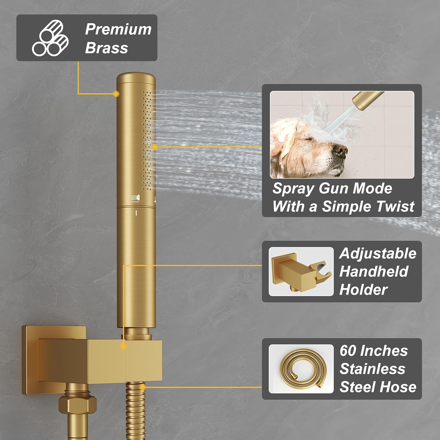 BESy Shower System with 12 Inch Rain Shower Head and Handheld Wall Mounted, High Pressure Rainfall Shower Faucet Fixture Combo Set with 2 in 1 Handheld Showerhead for Bathroom, Brushed Gold