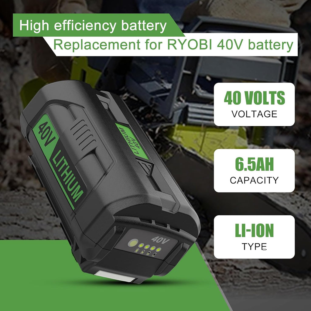 2Pack 6.5Ah Replacement for Ryobi 40V Battery and Charger Kit for 40 Volts Battery OP4026 OP4040 OP40401 OP40601 with Dual Port Ryobi 40V Charger OP401