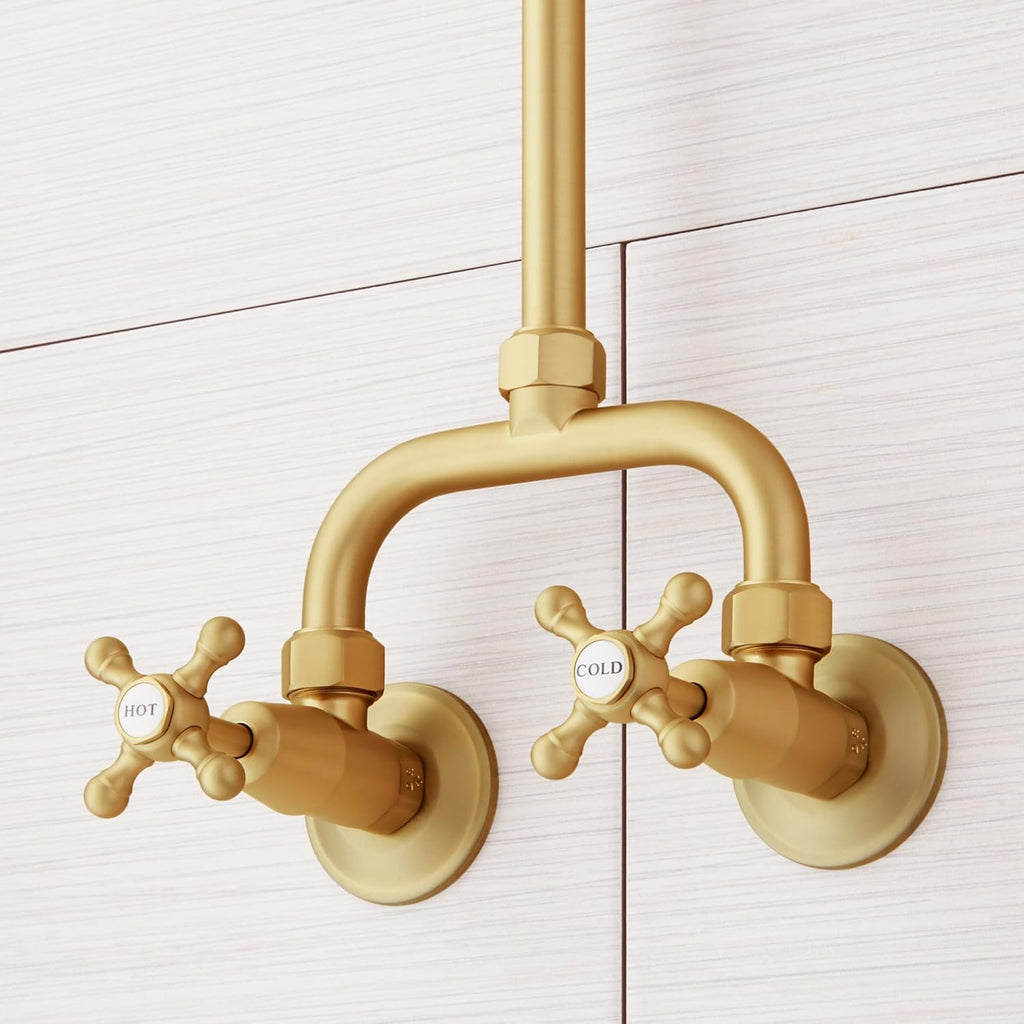 Signature Hardware 922235 Baudette Exposed Pipe Shower System with Rainfall Shower Head, Shower Arm, and Cross Handles - Brushed Gold