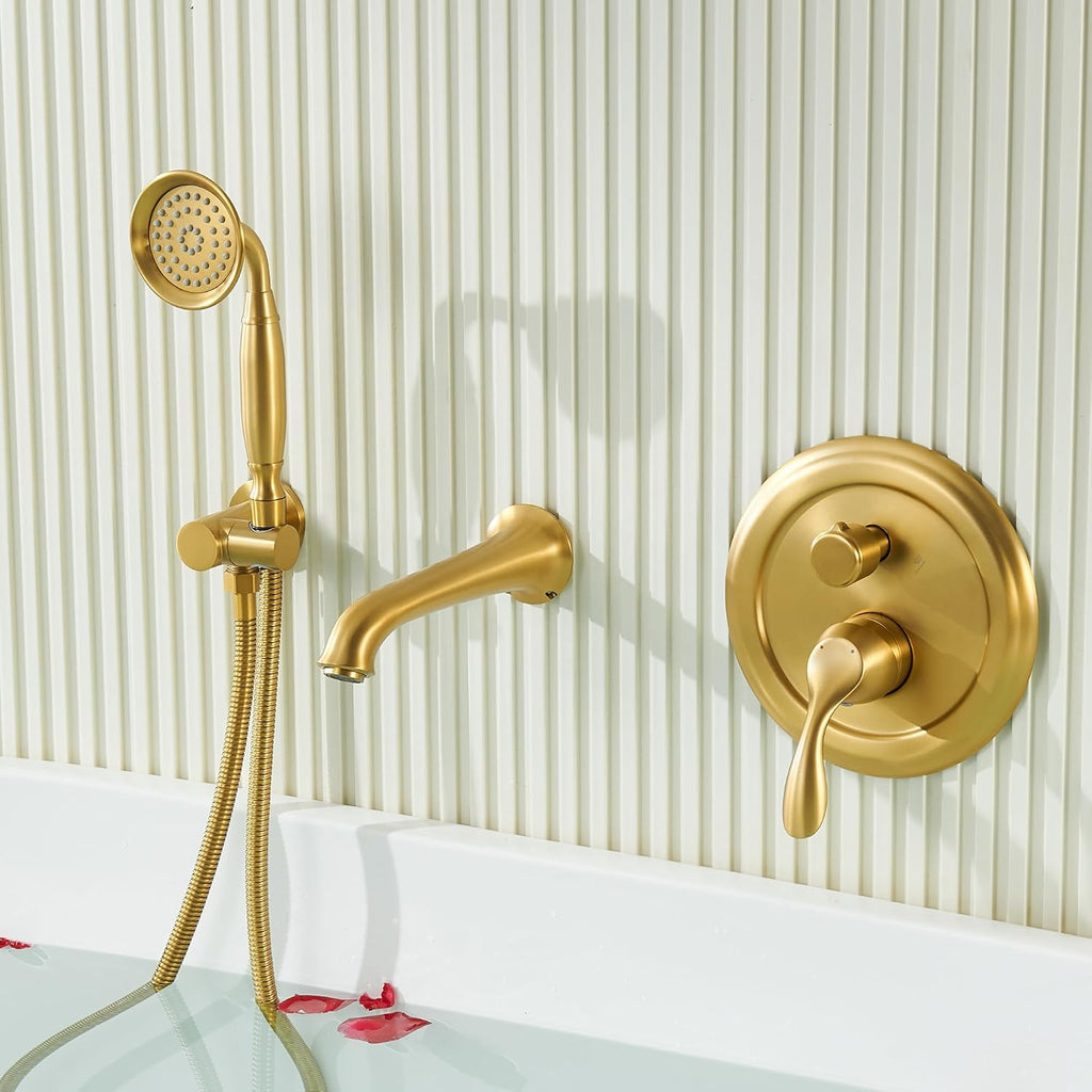 DASAN Antique Wall Mount Tub Filler Faucet with Hand Held Shower, Brushed Gold Brass Bathtub Faucet with Sprayer Wall Mounted Roman Bath Tub Faucet Set with High Flow Rough in Valve, AT201TF-BTG