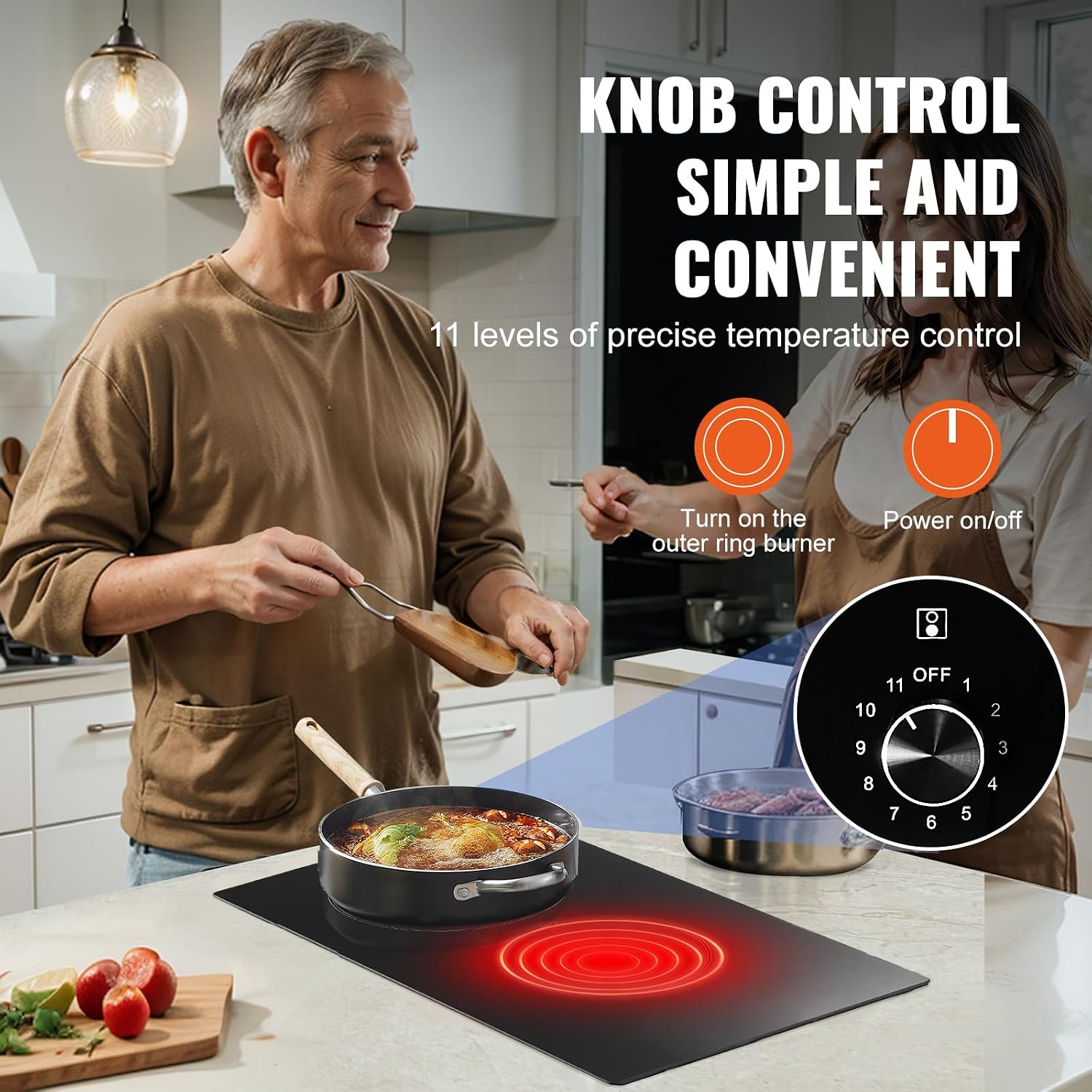Happybuy 12-inch 2-Burner Electric Cooktop, 1800W Ceramic Radiant Stove, Glass Panel, Knob Control, 11 Heat Levels, 120V, Built-in, for Versatile Cooking
