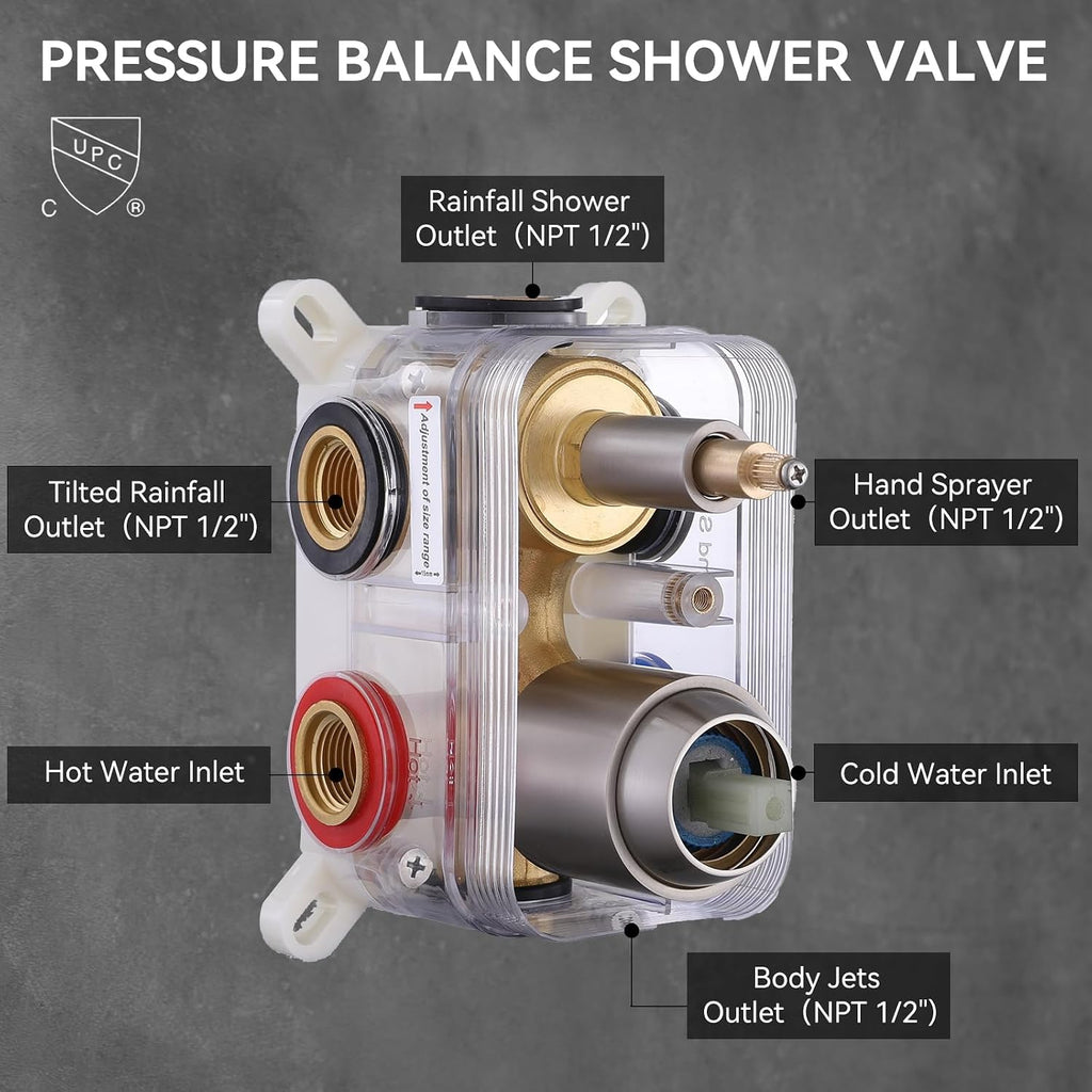 Shower System Brushed Nickel Dual Shower Head with Body Jets, Oupukle Four Modes Shower Faucet Set Ceiling Mount 12' Rain Shower Head & 6' Wall Mounted Head with 6PCS Body Jets