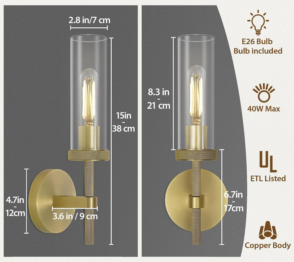 Knurled Brass Wall Sconces Indoors, Glass Tube Sconces Wall Lighting 14', Gold Bathroom Vanity Wall Sconces, Wall Lights For Living Room Bedroom Hallway Kitchen Bathroom Mirror(Including Bulb)