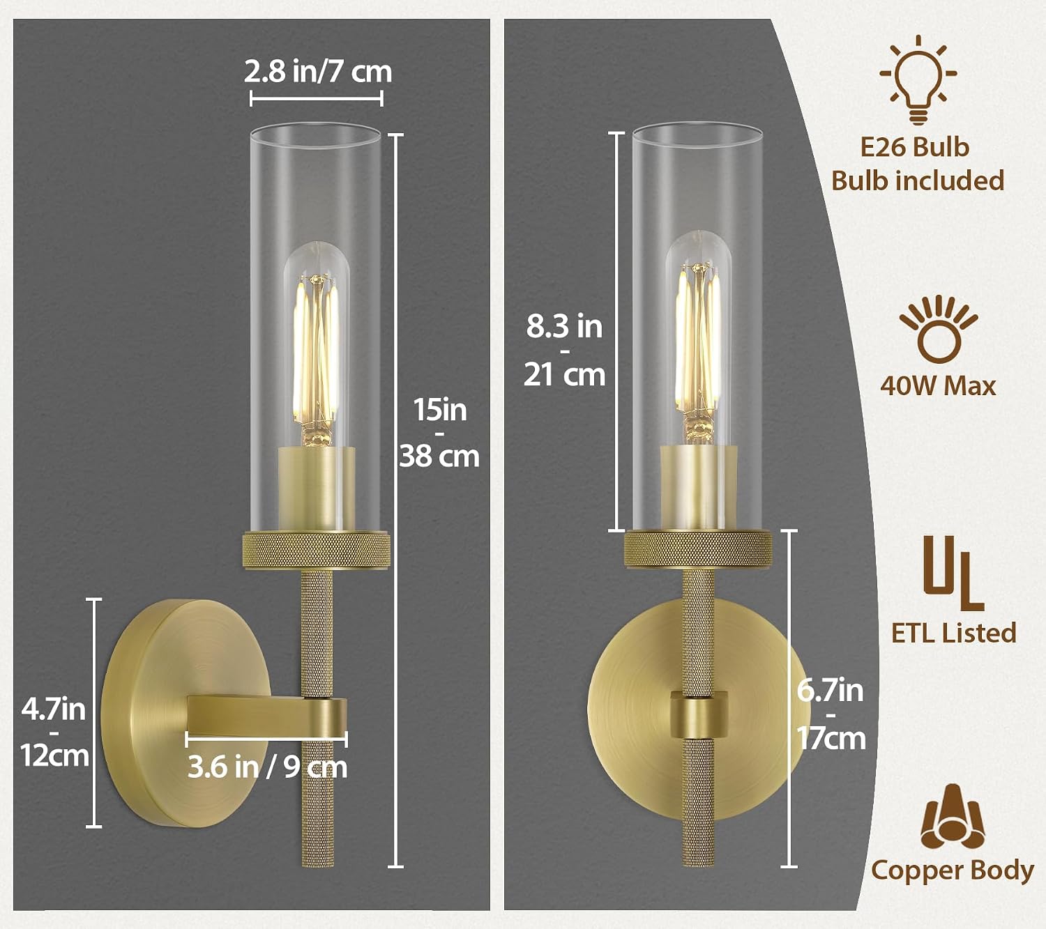Knurled Brass Wall Sconces Indoors, Glass Tube Sconces Wall Lighting 14', Gold Bathroom Vanity Wall Sconces, Wall Lights For Living Room Bedroom Hallway Kitchen Bathroom Mirror(Including Bulb)