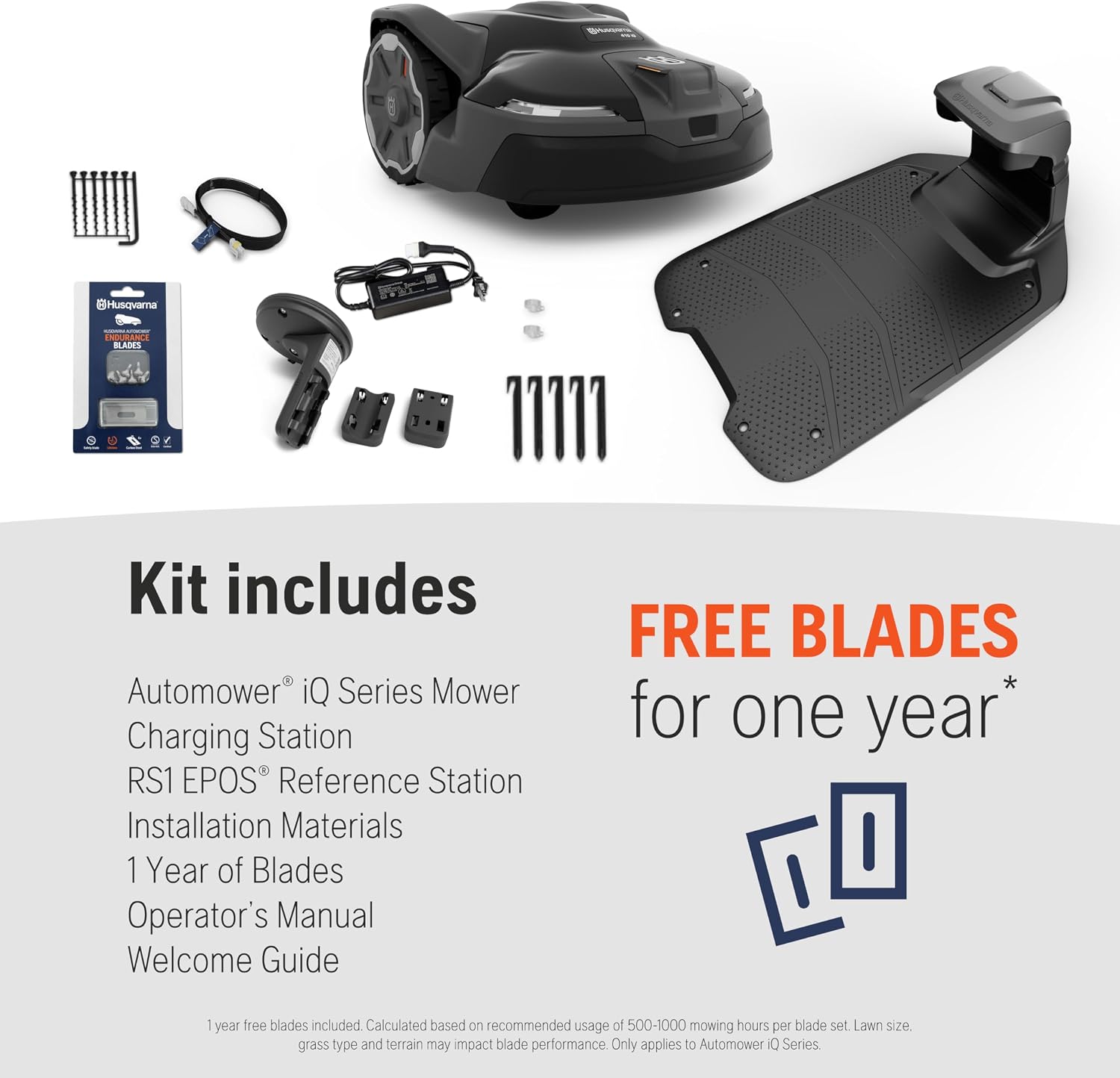 Husqvarna Automower 410iQ Robotic Mower, 0.5 Acre Mowing Capacity, Wire Free Robot Lawn Mower with Charging Station, RS1 EPOS Reference Station and Replacement Blades