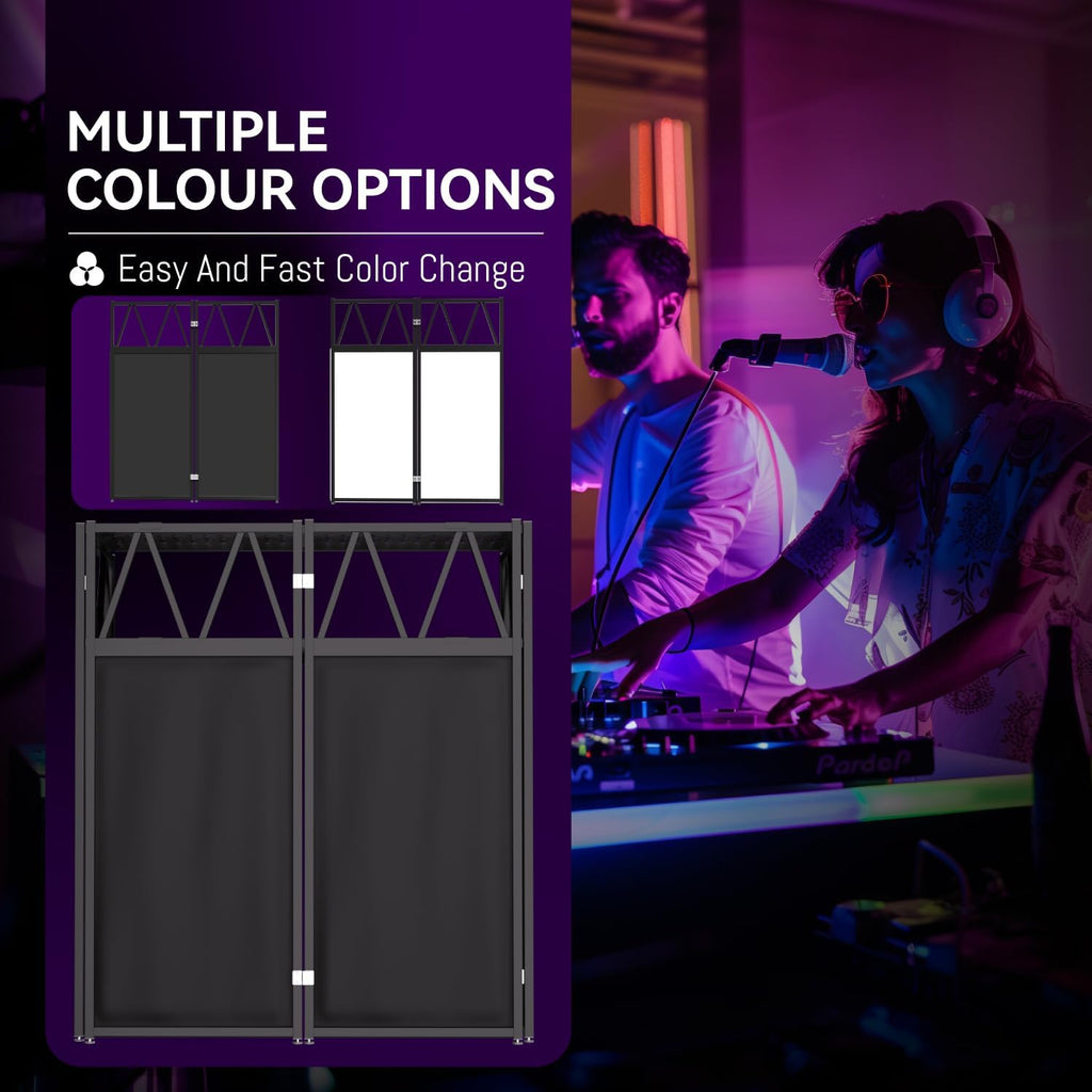 Portable DJ Booth Table,Foldable DJ Table Stand with White & Black Scrim,Adjustable D J Facade Station Triangle Plate Metal Frame with Cable Hole for Private Events, Clubs, Bars