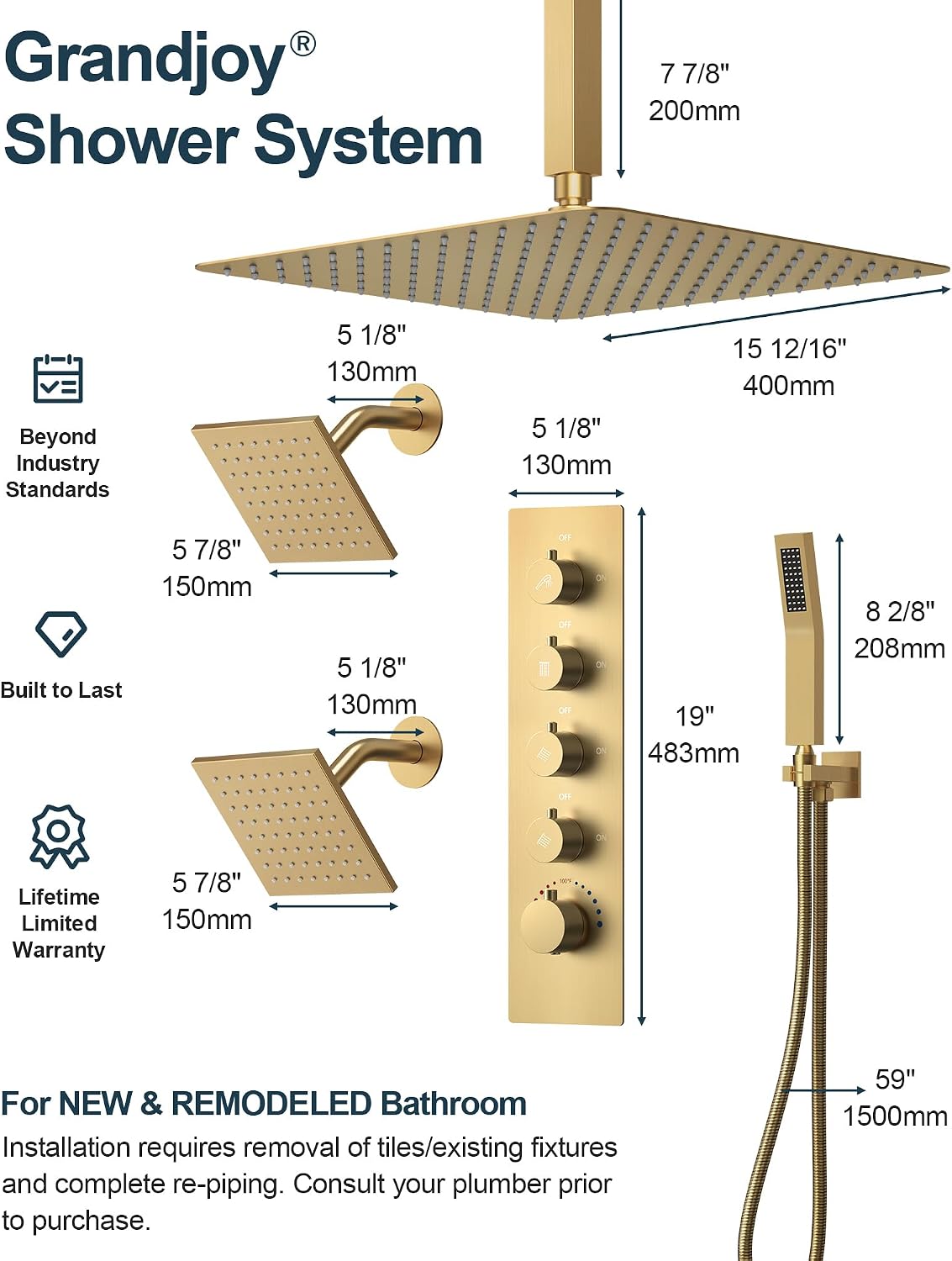 Thermostatic Shower System, 16' Ceiling Mount Rainfall shower Head with Double 6' Shower Head, Brushed Gold