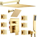 Shower System Brushed Gold Dual Shower Head with Body Jets, Oupukle Four Modes Shower Faucet Set Wall Mounted 12' & 6' Rain Shower Head with 6PCS Body Jets