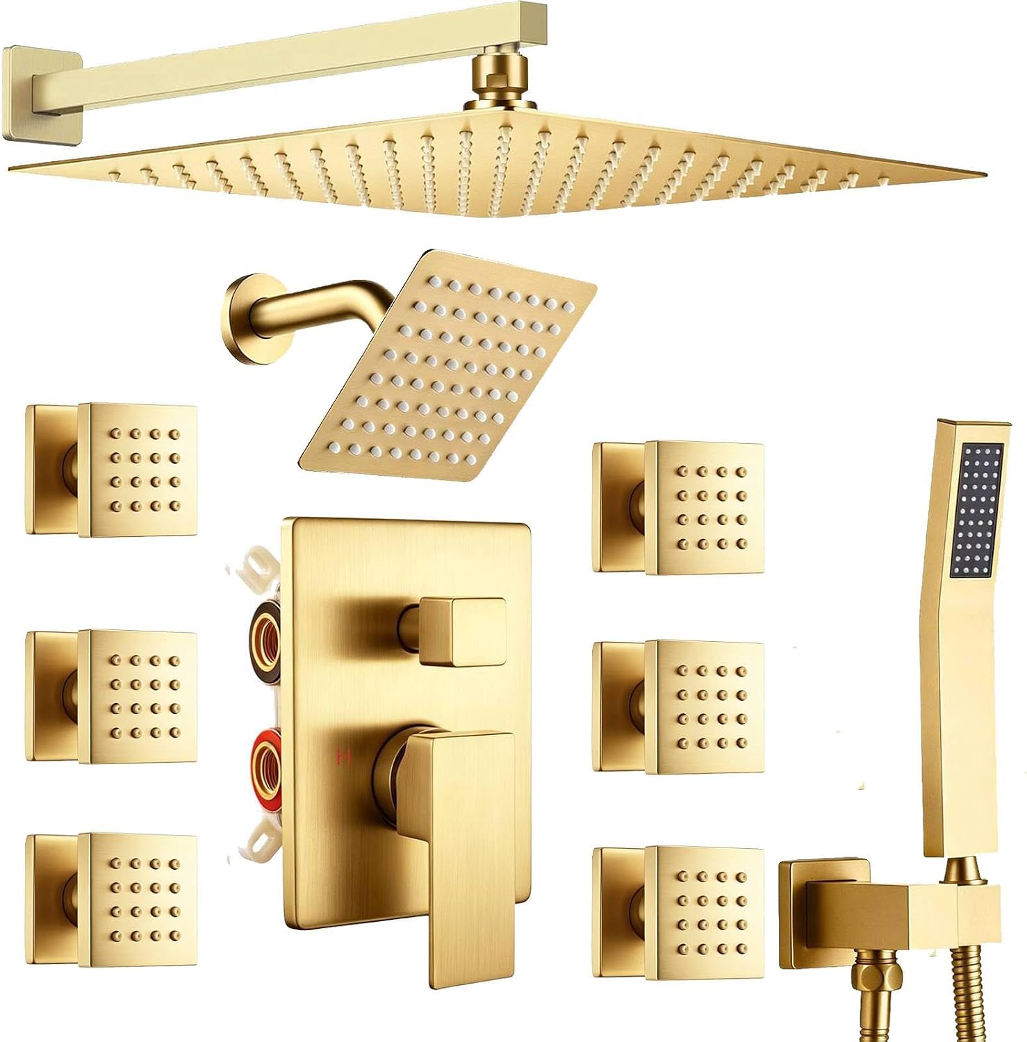 Shower System Brushed Gold Dual Shower Head with Body Jets, Oupukle Four Modes Shower Faucet Set Wall Mounted 12' & 6' Rain Shower Head with 6PCS Body Jets