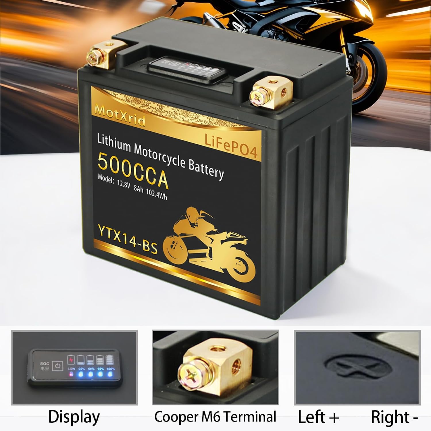 YTX14-BS[+,-]12V 8AH 500CCA Lithium battery LiFePO4 Powersport Start Motorcycle Battery,longevity,lightweight,High cranking,Intelligent BMS,Digital Readout