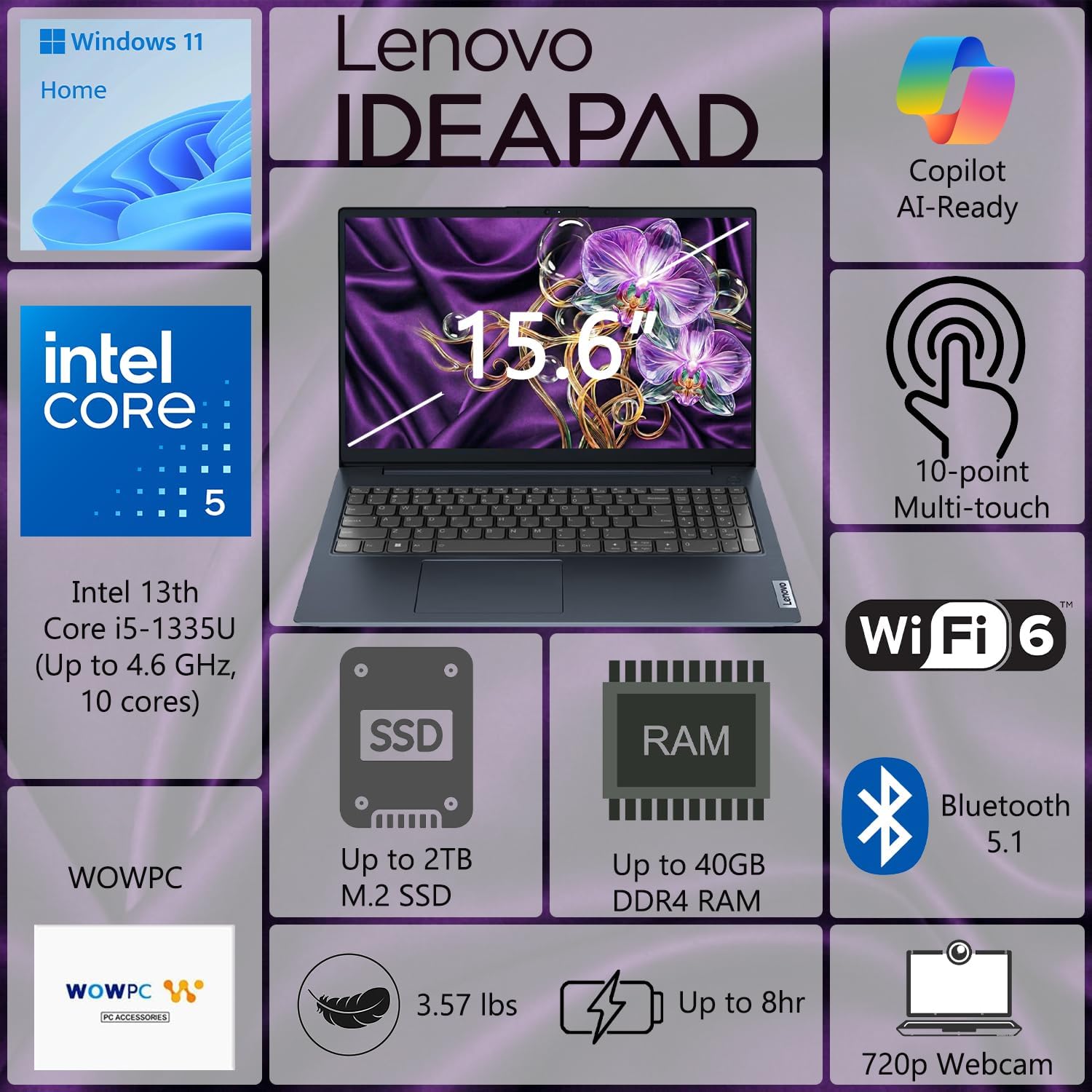 Lenovo New Ideapad Business Laptop with MS Office for The Web, 15.6' FHD Touchscreen Display, Intel 10-Core i5 CPU(Beats i7-1255U), 40GB RAM, 2TB SSD, Ultra Slim Design, Windows 11, WOWPC, No Mouse