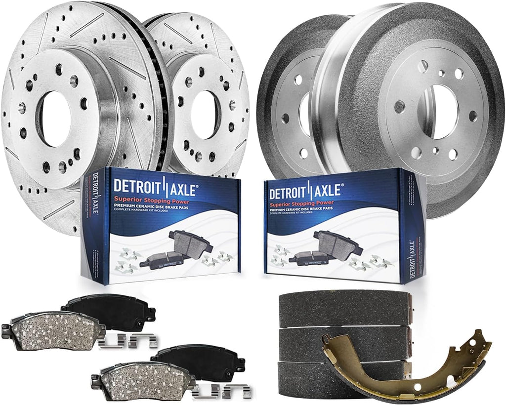 Detroit Axle - 8pc Brake Kit for 2009-2013 Chevy Silverado GMC Sierra 1500, 12.99' inch Front Drilled Slotted Brake Rotors Ceramic Brakes Pads Rear Brake Drums Brake Shoes 2010 2011 2012 Replacement