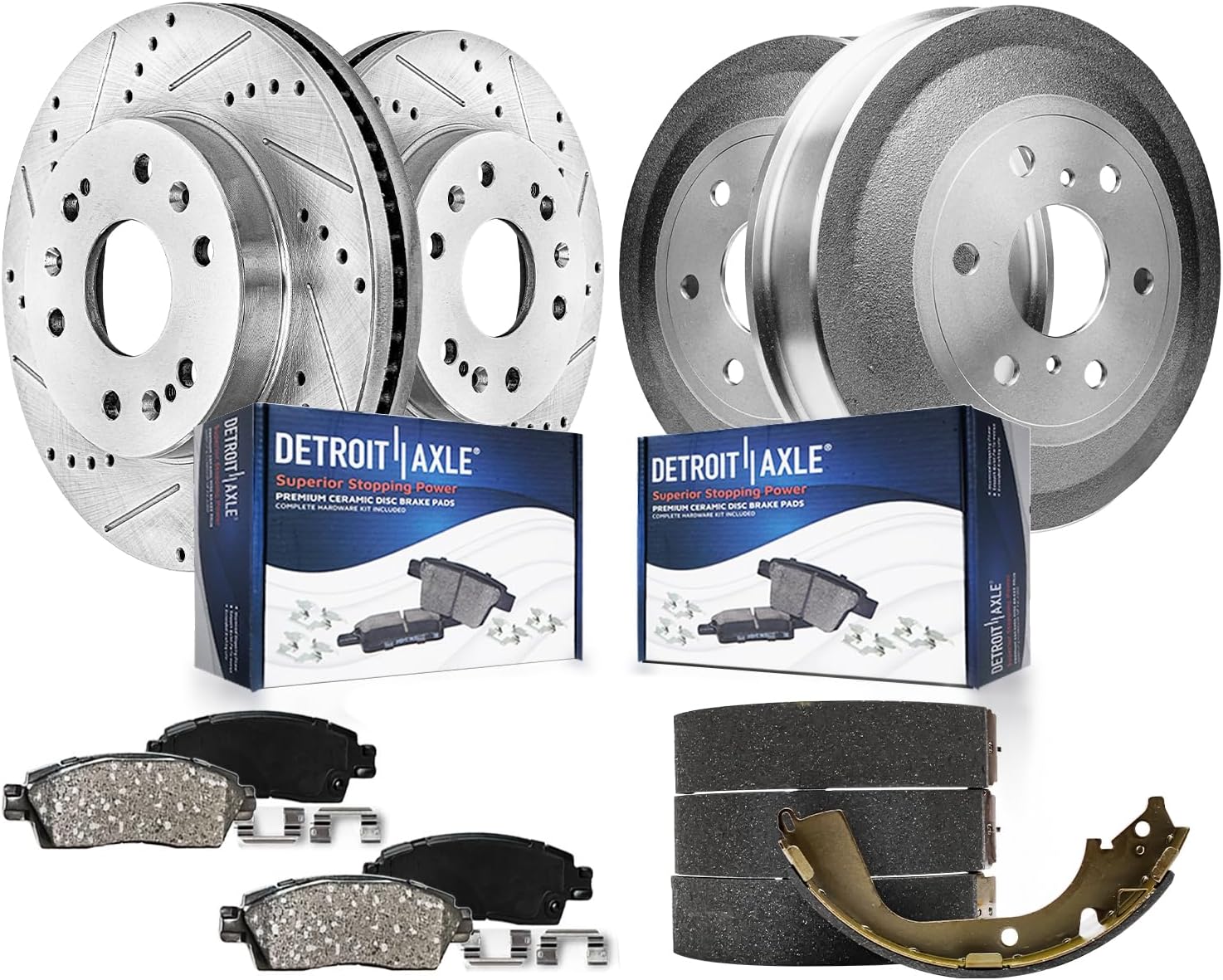 Detroit Axle - 8pc Brake Kit for 2009-2013 Chevy Silverado GMC Sierra 1500, 12.99' inch Front Drilled Slotted Brake Rotors Ceramic Brakes Pads Rear Brake Drums Brake Shoes 2010 2011 2012 Replacement