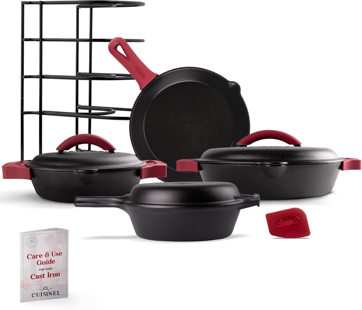 Cuisinel Cast Iron 16-Piece Pre-Seasoned Cookware Set - 8' + 12' Braiser Pans + Cast Iron Lids + 10' Skillet + 2-in-1 Multi-Cooker + 12' Organizer + Scraper + Silicone Handle Covers - Fire, Oven Safe