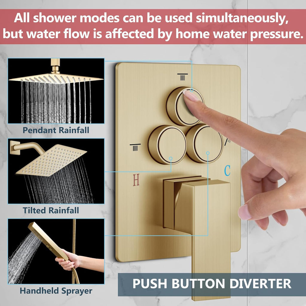 Aolemi Shower Faucet Set Ceiling Mount Shower System Rough-in Valve and Shower Trim Kit 2 in 1 Handheld Spray Push Button Diverter 16 and 6 Inch Dual Shower Head Brushed Gold