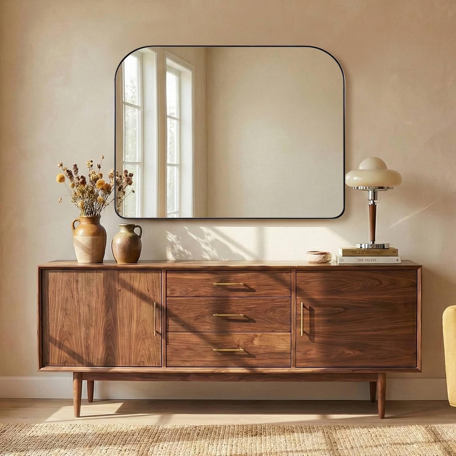 ANDY STAR Brushed Nickel Bathroom Mirror 30x40, Large Silver Rounded Rectangular Wall Mirror, Horizontal Stainless Steel Metal Frame for Over Sink, Fireplace Mantel, Wide Vanity, Rust-Resistant