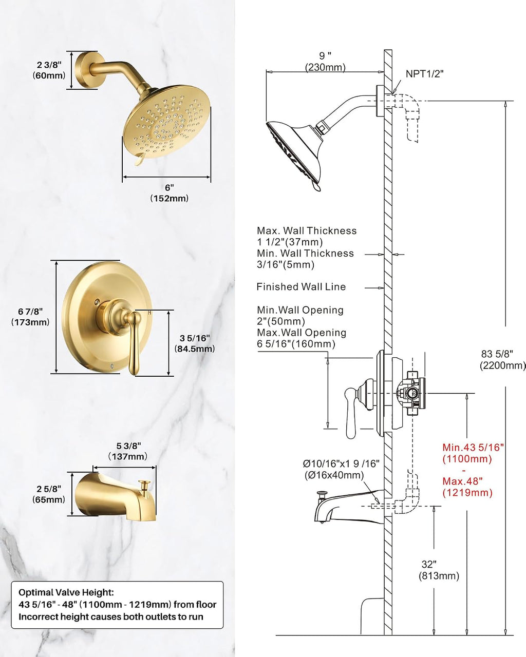 Shower Faucet Set Brushed Gold: Single Handle Bathtub Trim Kit with 6 Inch Rain Shower Head and Tub Spout, High Pressure Faucet Set for Bathtub (Brass Valve Included)