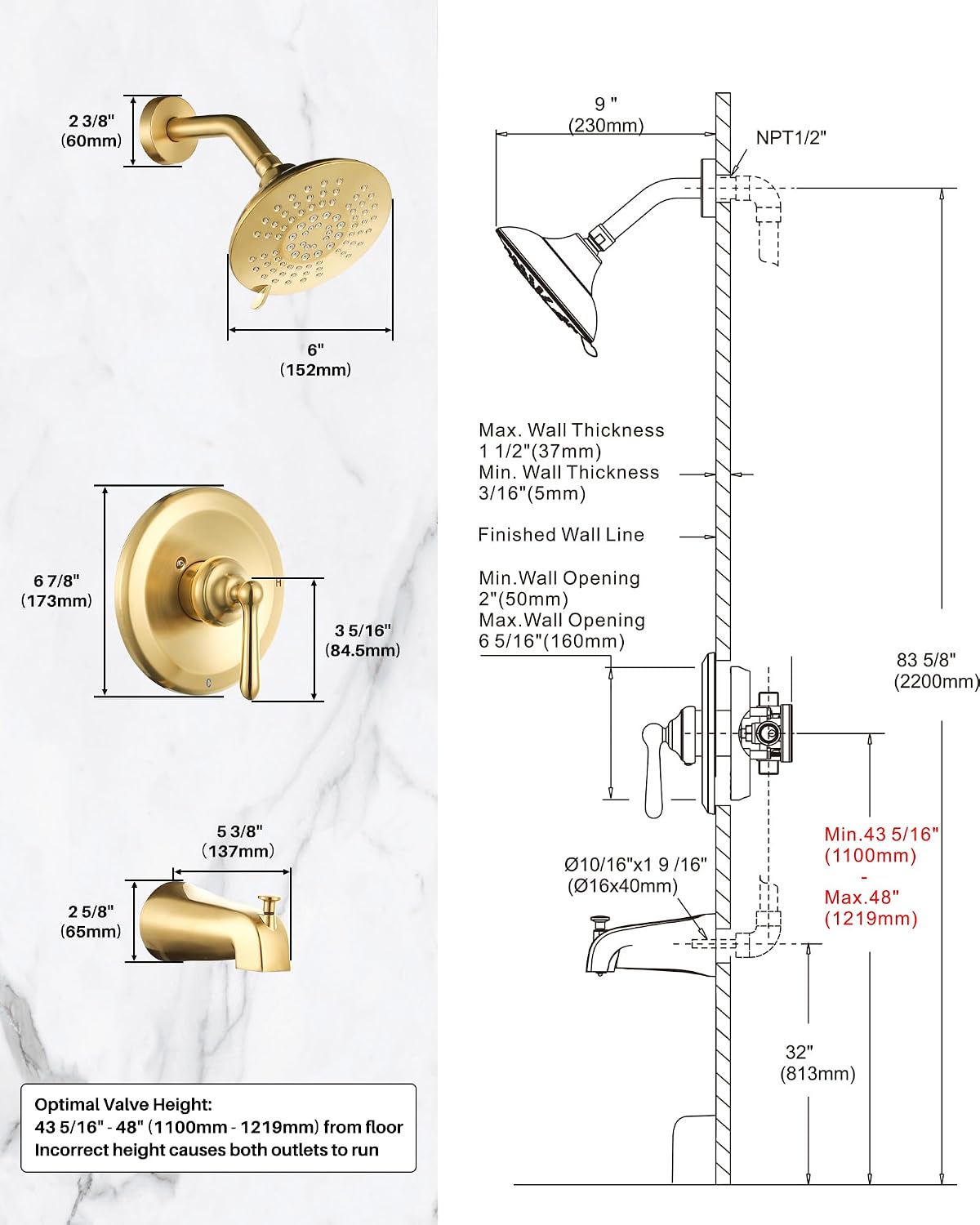 Shower Faucet Set Brushed Gold: Single Handle Bathtub Trim Kit with 6 Inch Rain Shower Head and Tub Spout, High Pressure Faucet Set for Bathtub (Brass Valve Included)
