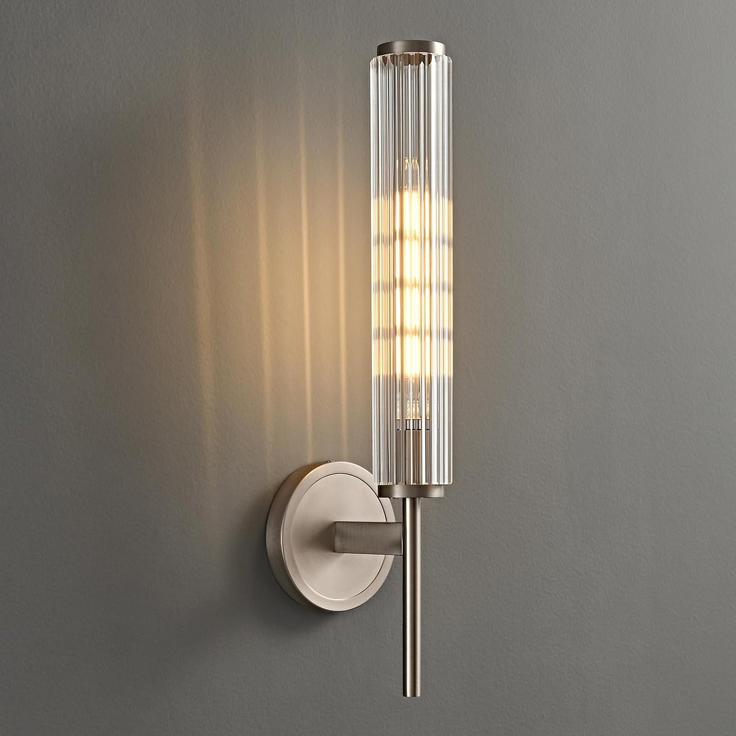Brushed Nickel Wall Sconce with Ribbed Groove Glass Tube - 18.9' Solid Brass Material Wall lamp Includes Bulbs - Modern Wall Sconces for Bathroom, Living Room, Hallway, Staircase, Mirror