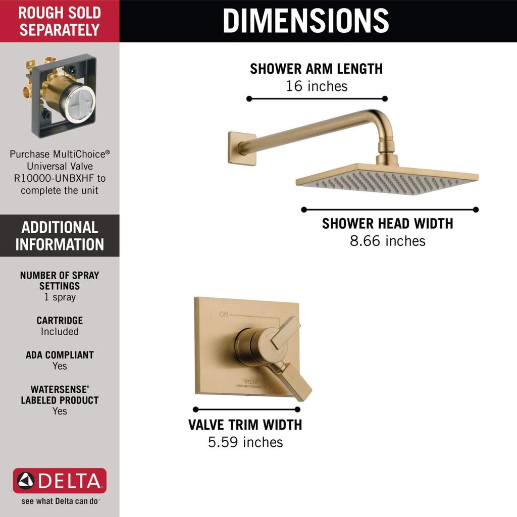 Delta Faucet Vero 17 Series Dual-Function Shower Trim Kit with Single-Spray Touch-Clean Rain Shower Head, Champagne Bronze, 2.0 GPM Water Flow, T17253-CZ-WE (Valve Not Included)