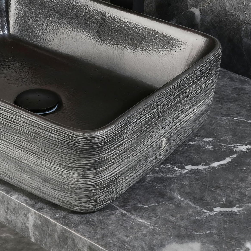 Black Vessel Sink Rectangle 18'x14' Bathroom Sink Above Counter Porcelain Ceramic Small Sink Bowl Ceramic Vessel Sinks with Waterfall Faucet and Pop-up Drain for Bathrooms