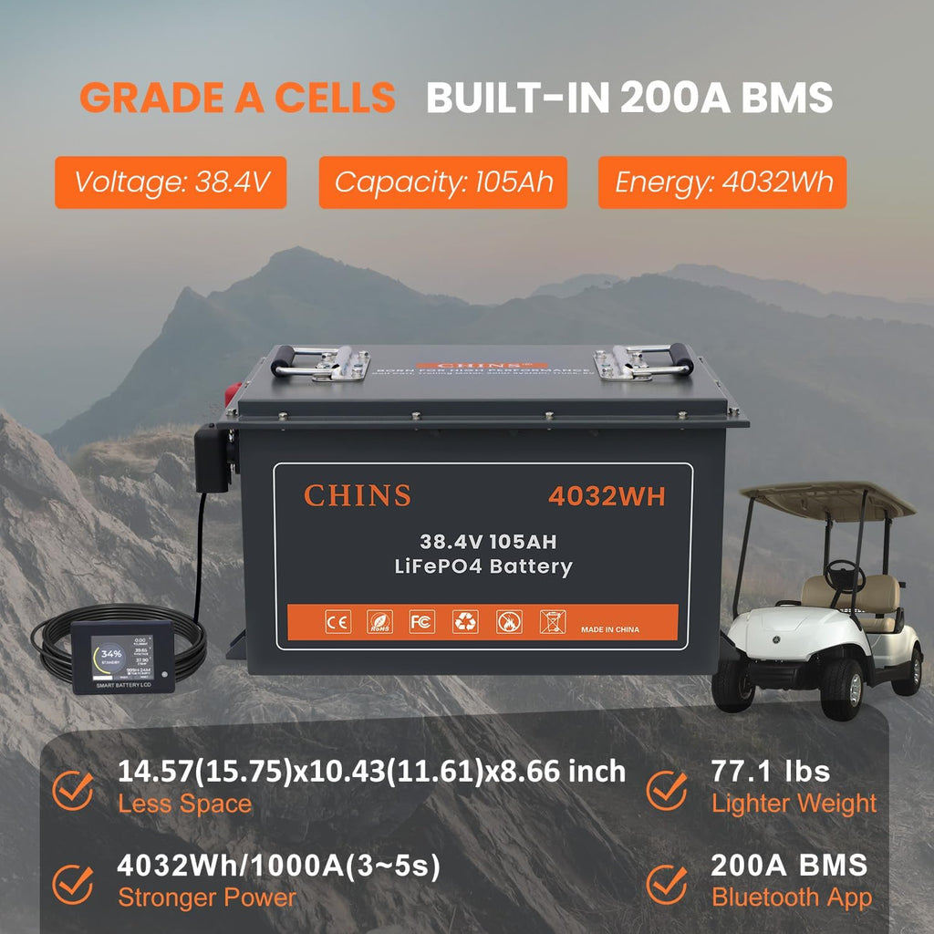 36 Volt Lithium Battery for Golf Cart, 200A BMS - 1000A Peak Current, with Touch Monitor & Mobile APP, 4000+ Cycles 36V 105AH Lithium Battery with 36V 25A Charger