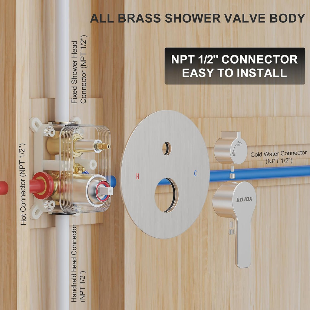 12-Inch Brushed Nickel Shower System: Ultimate High-Pressure Experience with Rainfall & Handheld Heads, Wall-Mounted Mixer, Rough-In Valve, & Trim Kit