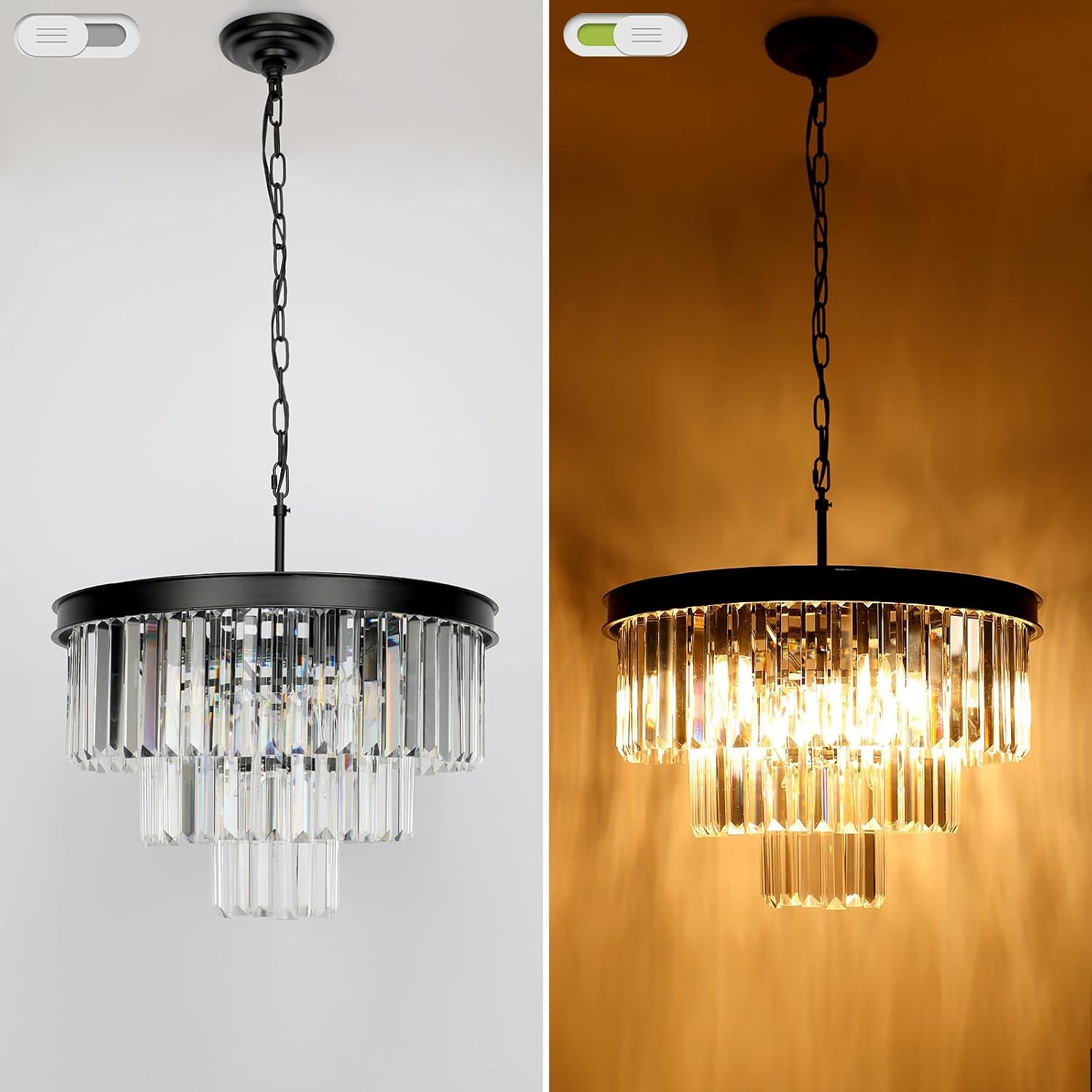 Weesalife Crystal Chandeliers for Dining Room Lights Fixtures, 9 Lights Black Modern Chandeliers for Bedroom, 3-Tier Round Crystal Lighting Fixtures for Living Room Entryway Kitchen Island D20 Inch