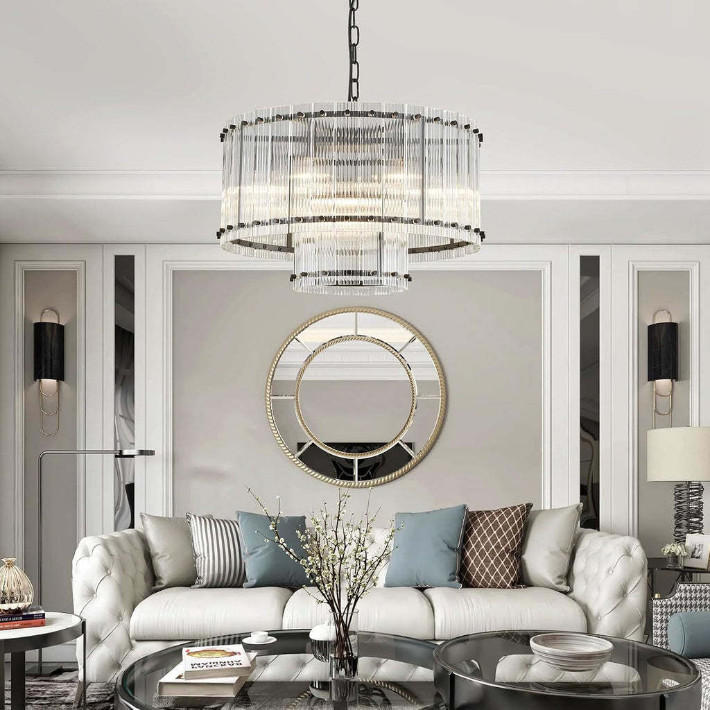 Saint Mossi Black Drum Chandelier Light Fixture, Doule Layer Middle Century Modern Design, with 7-Light, D18 x H10, Adjustable 59' Chains, Glass Shade & Black Metal Frame
