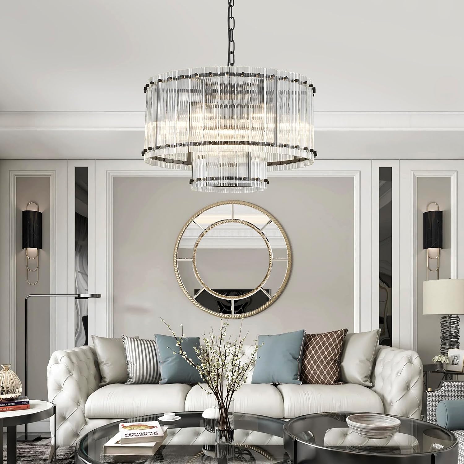 Saint Mossi Black Drum Chandelier Light Fixture, Doule Layer Middle Century Modern Design, with 7-Light, D18 x H10, Adjustable 59' Chains, Glass Shade & Black Metal Frame