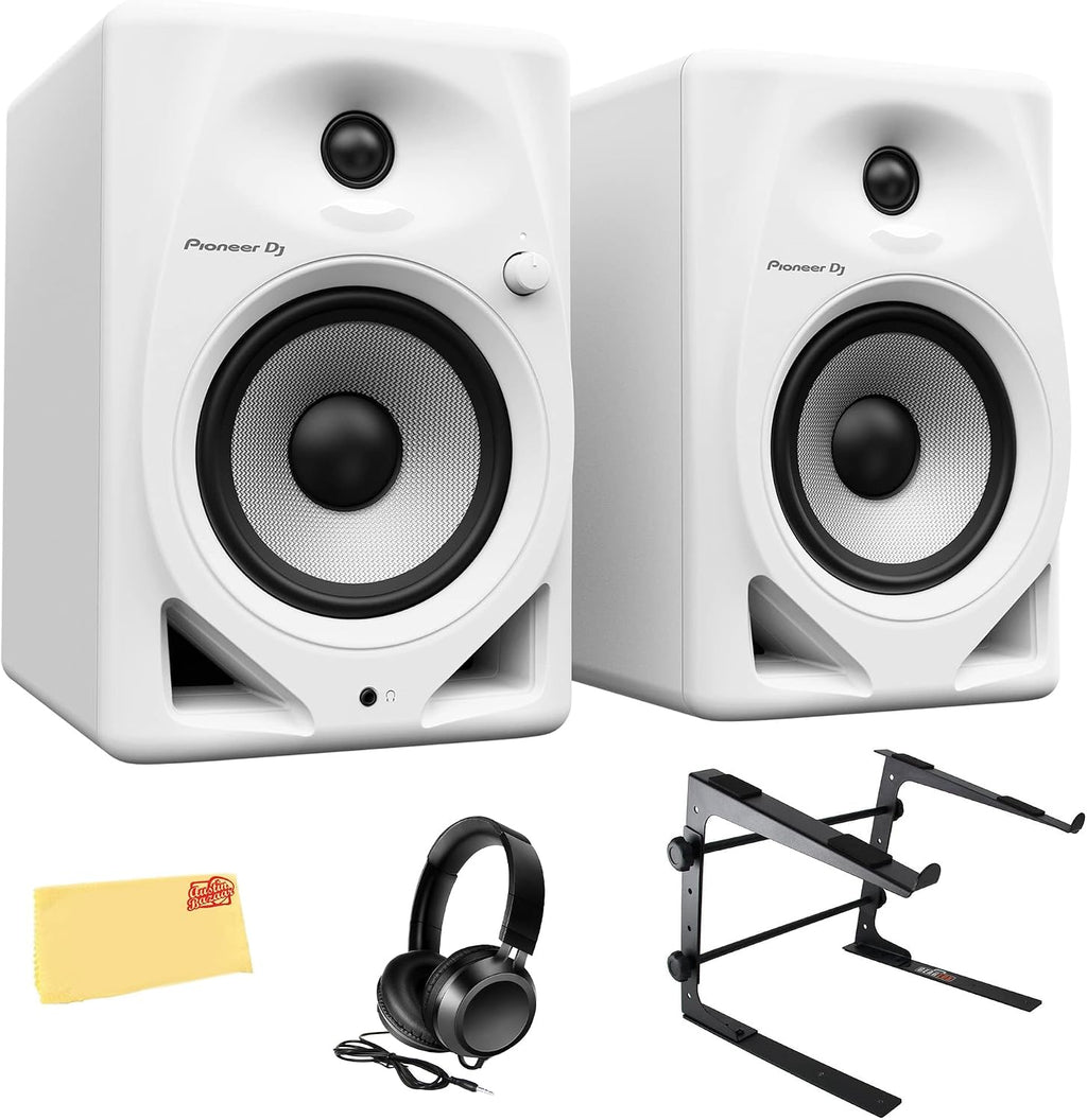 Pioneer DM-50D 5-inch White Desktop Monitor Bundle with Headphones, Laptop Stand, and Austin Bazaar Polishing Cloth