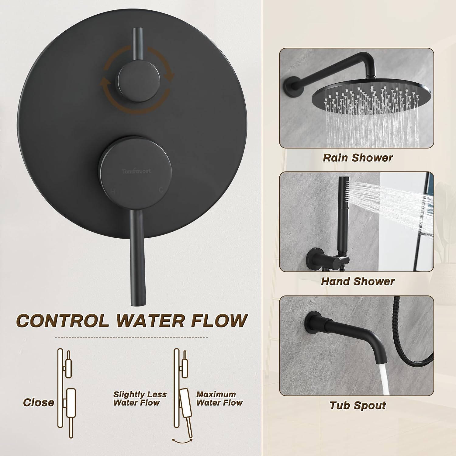 3 Functions Shower System with Tub Spout, 10' Round Wall Mounted Rain Shower System, High-Pressure Shower Head with 2 Modes Handheld Spray, Matte Black Shower Head System