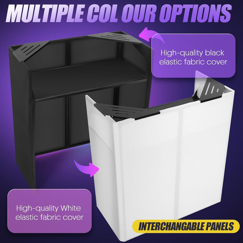 Portable DJ Facade Table Station, 44'x41'x21' DJ Event Booth Facade with Black & White Scrim, Metal Foldable Frame DJ Stand with Carrying Bag