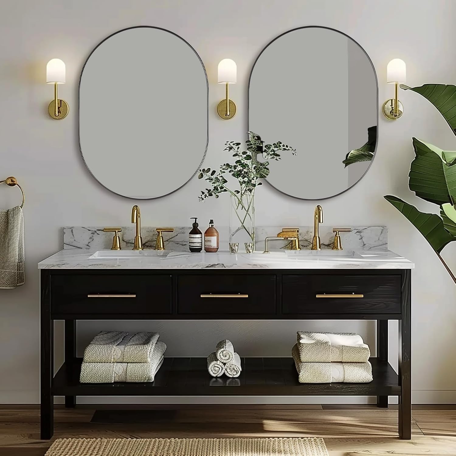 ANDY STAR 24x32'' Oval Mirror, Black Oval Mirror Pill-Shaped Design in Stainless Steel Metal Frame for Bathroom, Entryway, Living Room, Contemporary 1' Deep Wall Mount Vertical or Horizontal