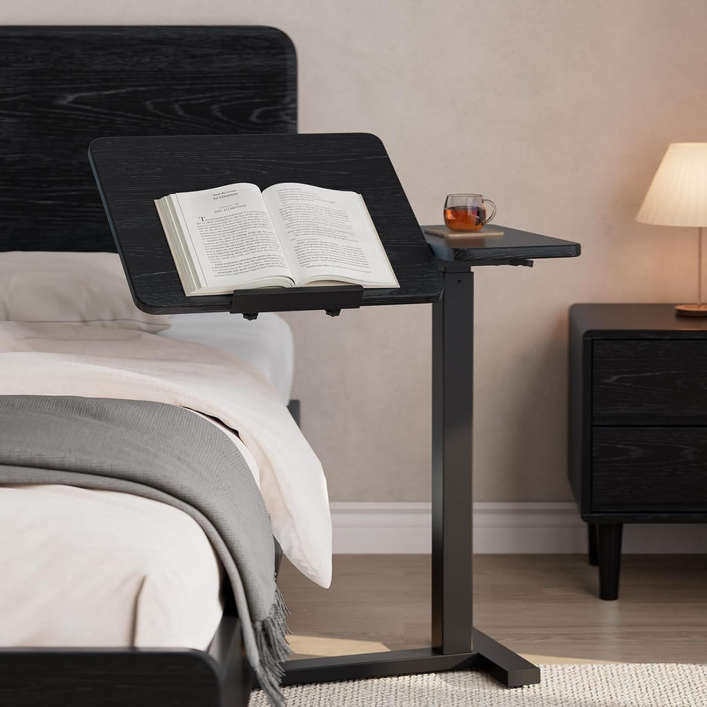 Solid Wood Overbed Bedside Table with Wheels, Tilting Adjustable Hospital Bed Table Over The Bed, Medical Mobile Laptop Stand, Rolling Standing Desk for Hospital and Home Use(Black)
