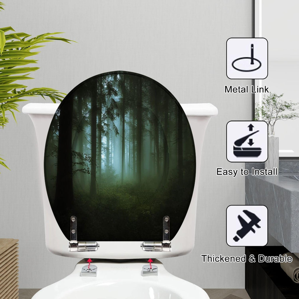Round Toilet Seat green forest fog morning Resin Toilet Seat Slow Quiet Close Lid with Quick-Release Hinges Cover Bumpers Easy to Clean Install