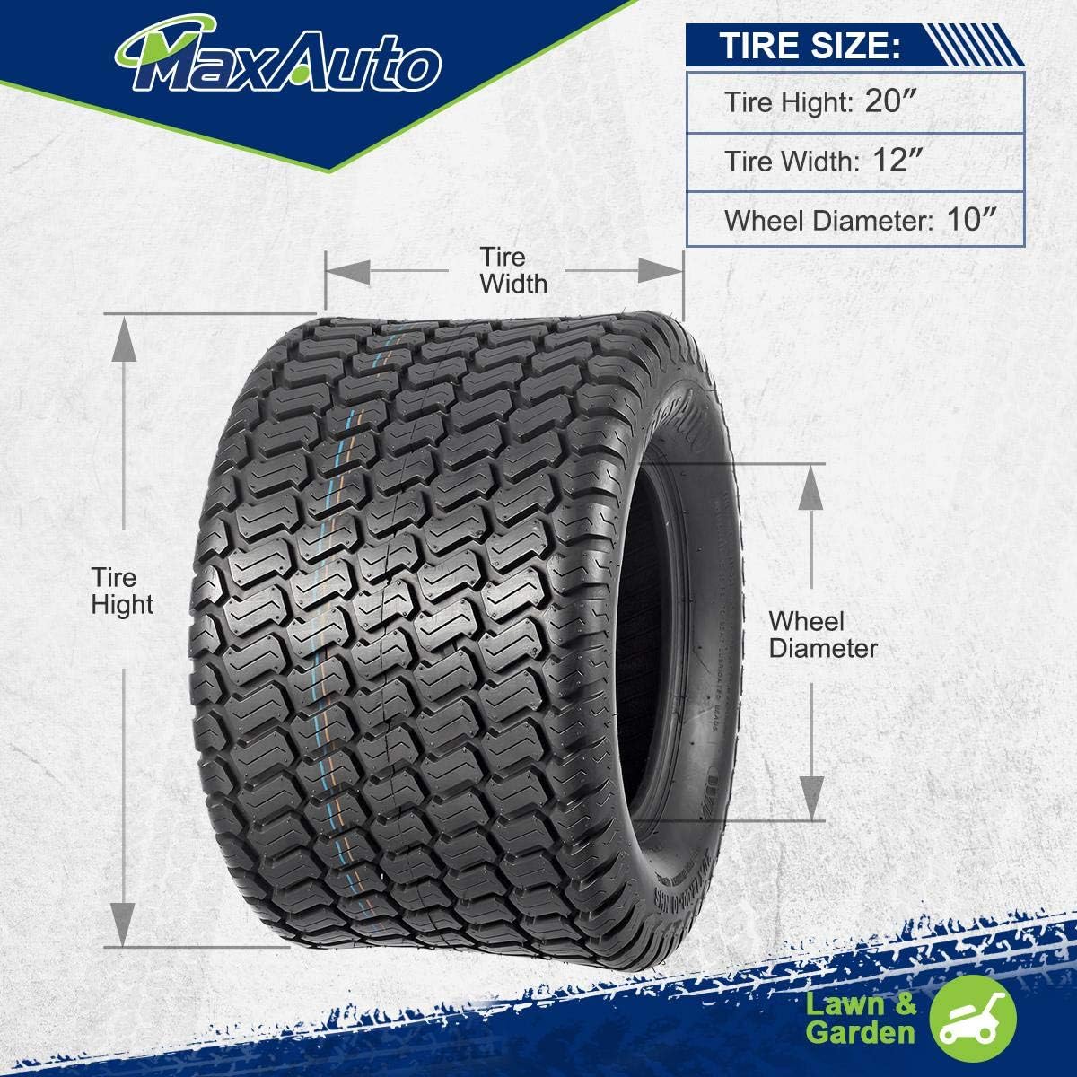 MaxAuto 20x12x10 Lawn Mower Tires, 20x12-10 nhs tire for Garden Turf Golf Cart Riding Tractor Tire, P332 4PR Tubeless, Load Capacity 1320LBS, 2Pcs