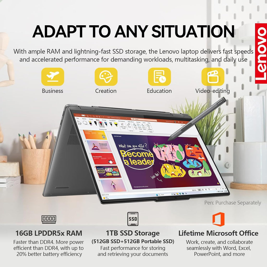 Lenovo 2025 Yoga 7i 2 in 1 Laptop Touchscreen|16' FHD+ 360 Foldable Touch Screen Convertible|Intel Core Ultra 7, 16GB DDR5 RAM 512GB SSD+512GB Portable SSD|Windows 11 Pro Lifetime Office|Backlit|FP