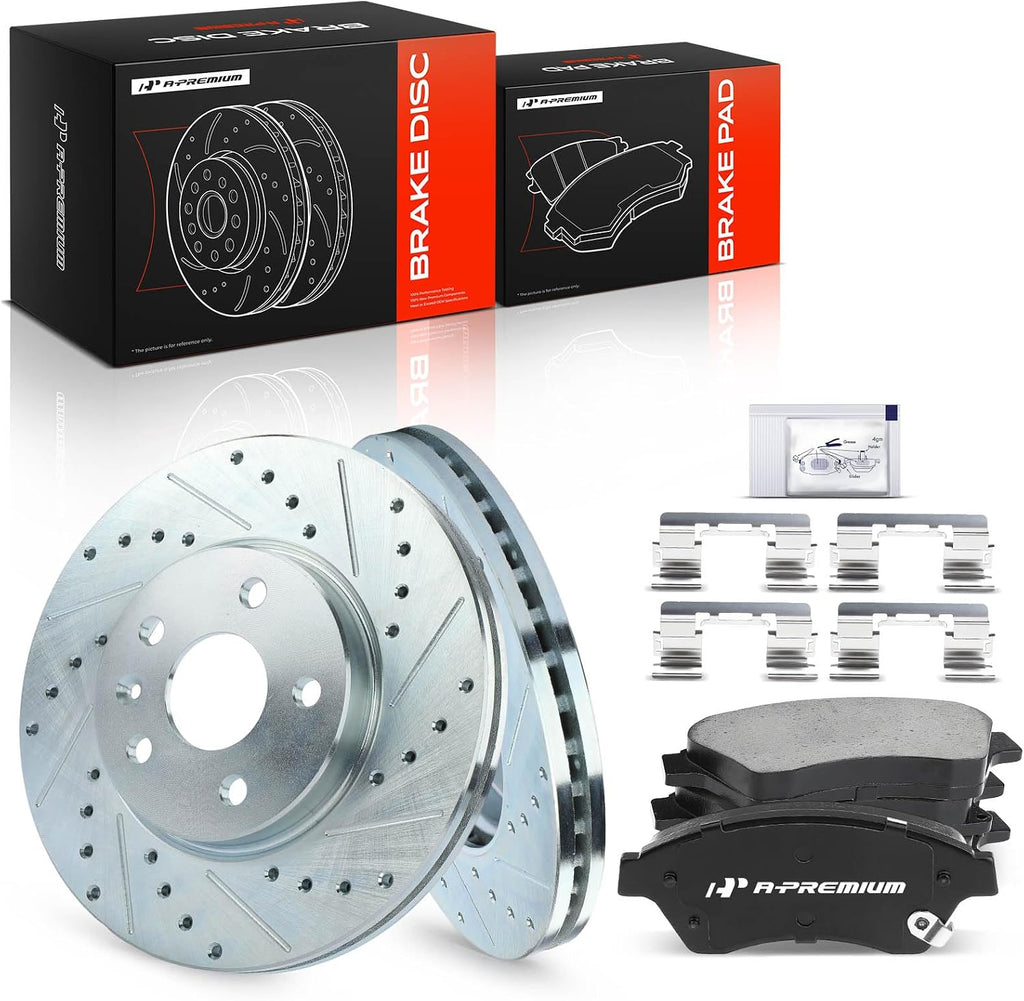A-Premium 10.87 inch (276mm) Front Drilled and Slotted Disc Brake Rotors + Ceramic Pads Kit Compatible with Select Chevy Models - Cruze 2011-2015, Cruze Limited 2016, Sonic 2012-2017, 6-PC Set